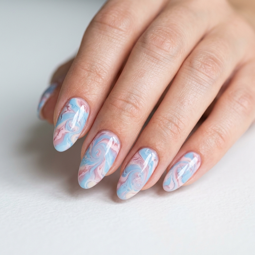 Sky Blue and Rose Pink Marble Nails Idea