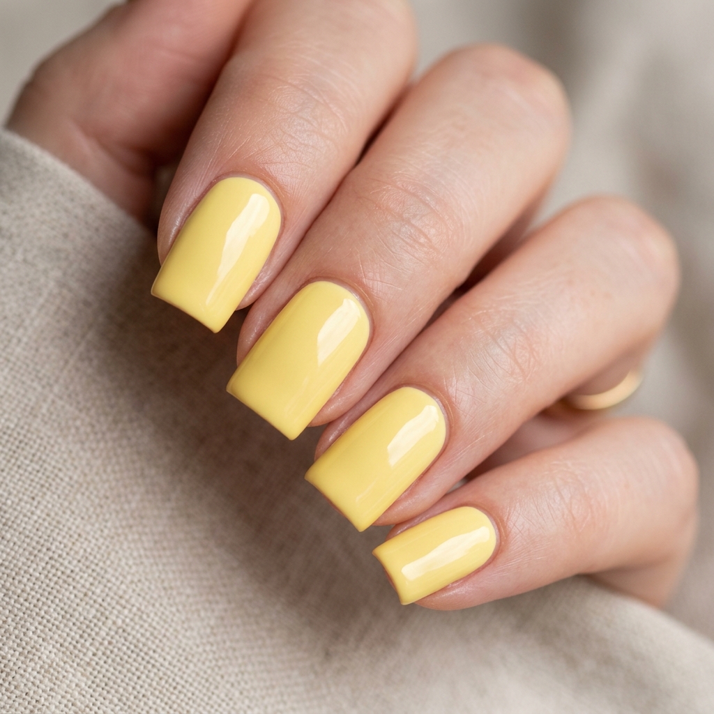 Square Shape Butter Yellow Nails Idea