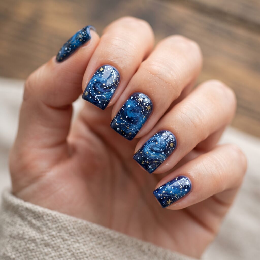 Dark Blue Nails Ideas: 30 Stunning Looks to Inspire Your Next Manicure 12 Starry Night Blue Nails Idea