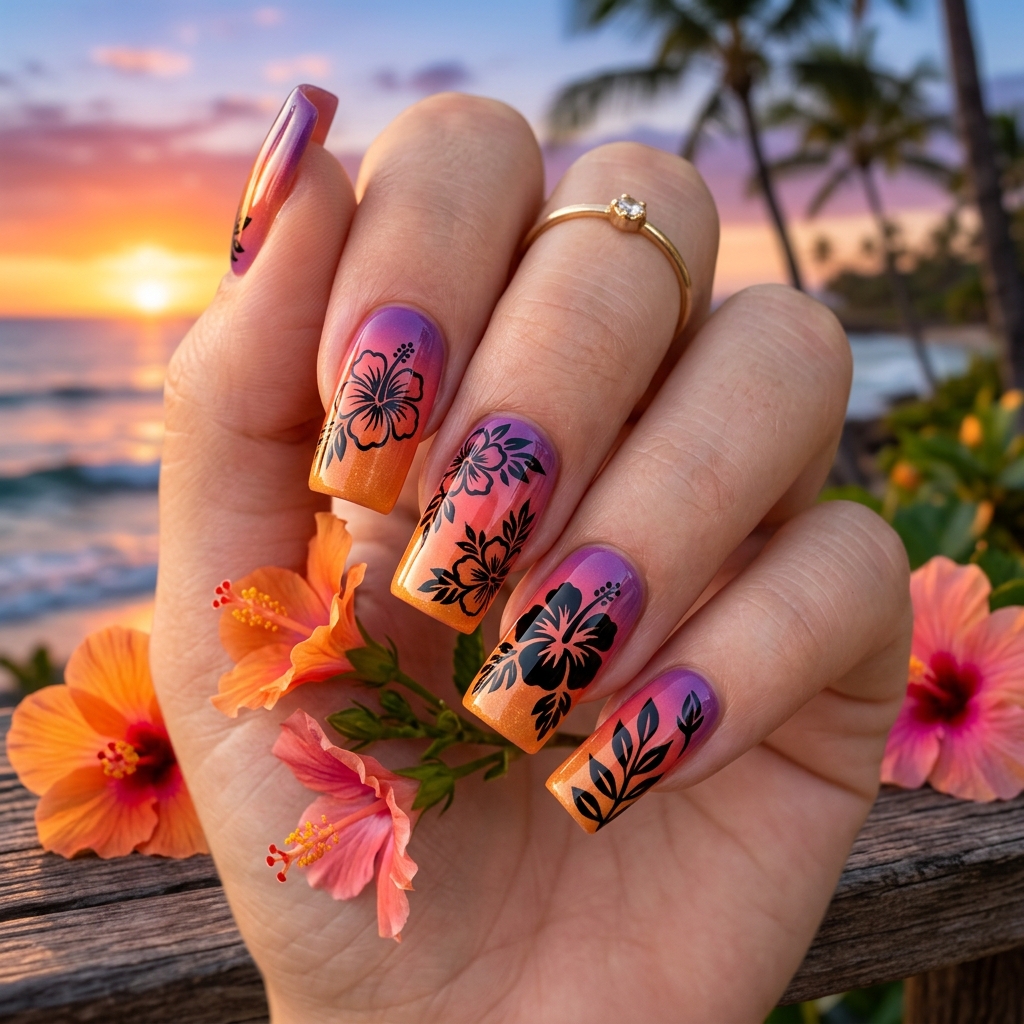 Sunset hibiscus flower nails Ideas