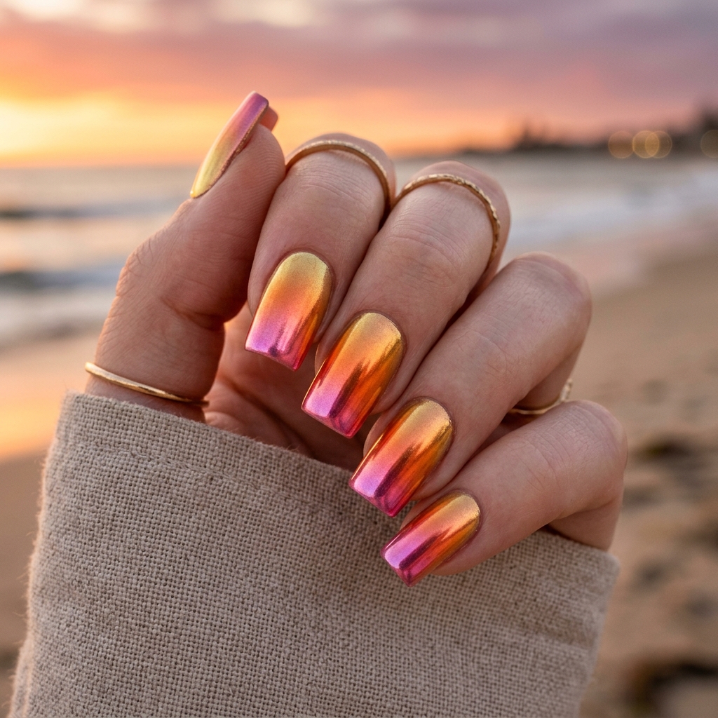 30 Chrome Ombre Nails Ideas for a Shine That Never Quits 8 Sunset Chrome Gradient Ideas