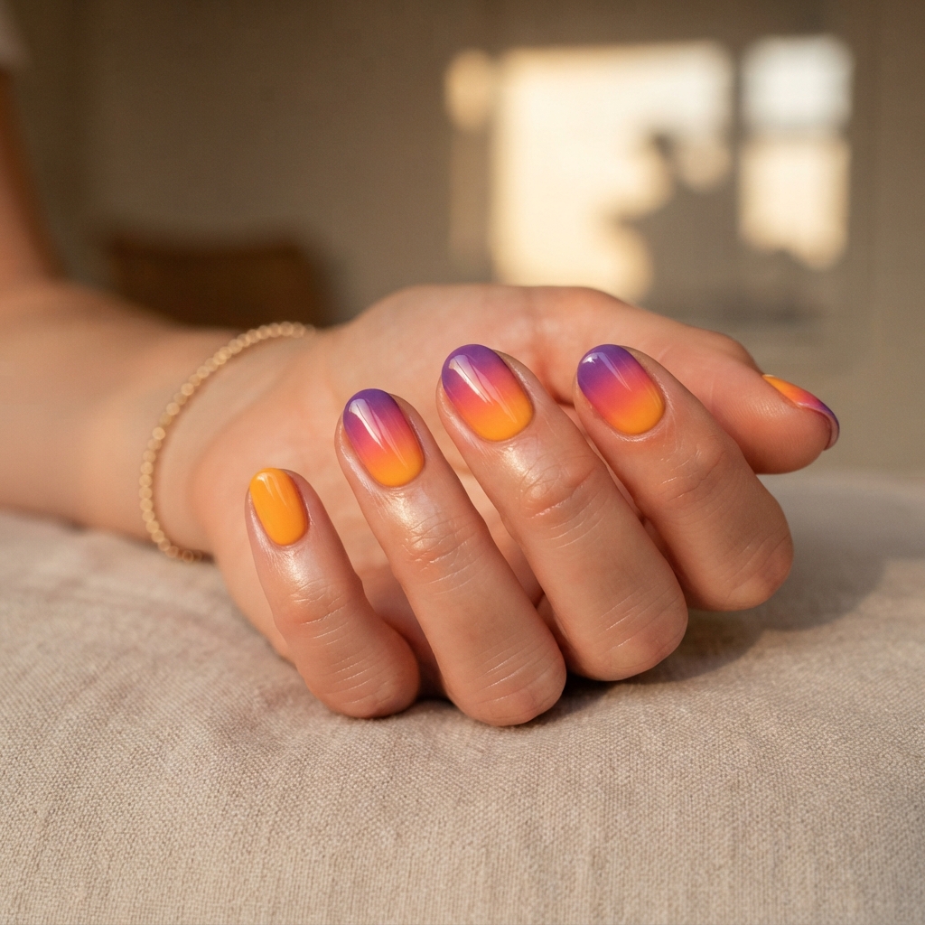 30 short Summer Nails 2025 ideas You'll Want to save Now 8 Sunset Gradient Short Summer Nails 2025 Ideas