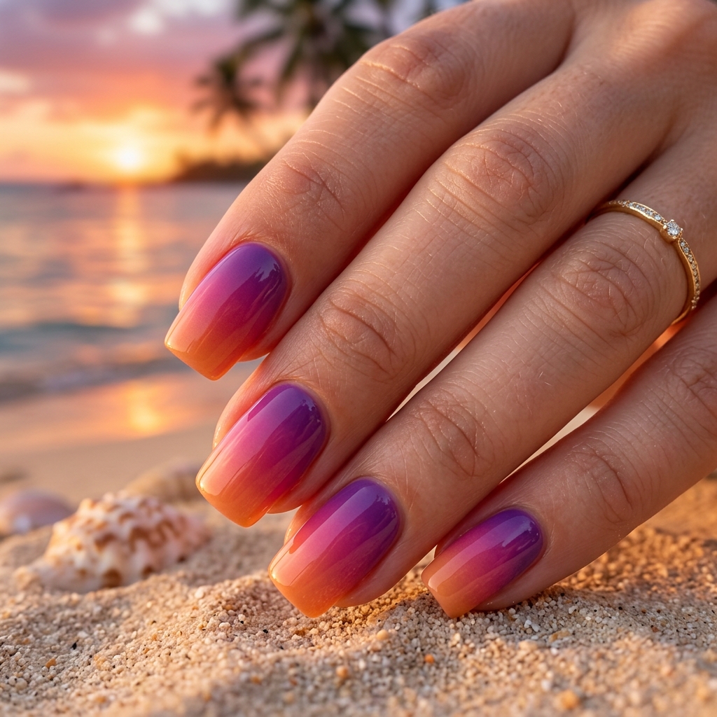 Vacation Nails Ideas: 30 Fun and Breezy Ways to Style Your Manicure 7 Sunset Gradient Vacation Nails Idea
