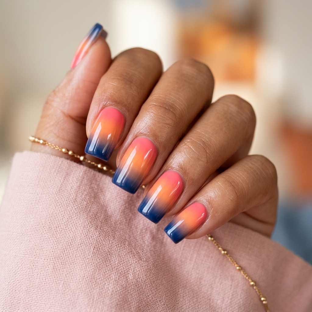 Sunset Pink and Blue Nails Idea