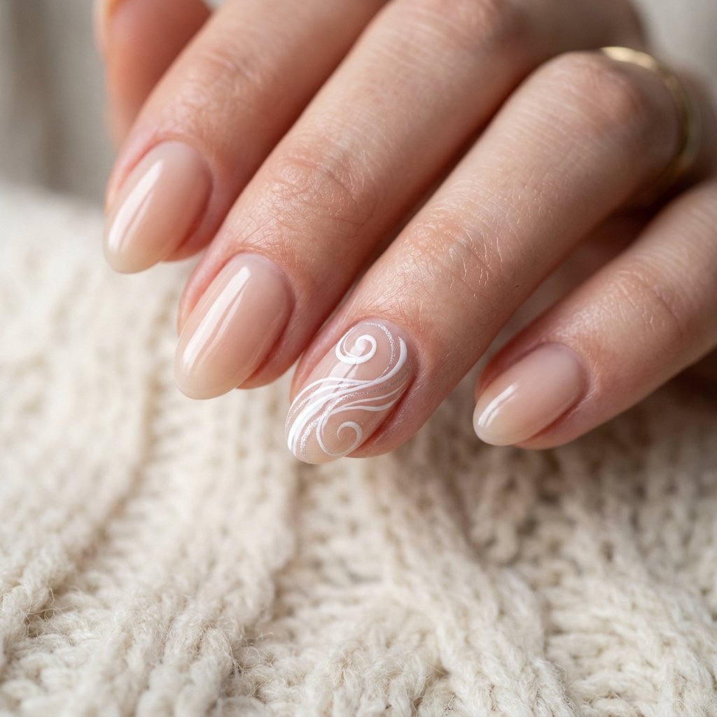 Short Almond Nails Ideas: 30 Elegant Ways to Style a Practical Shape 23 Swirl Accent Short Almond Nail Idea
