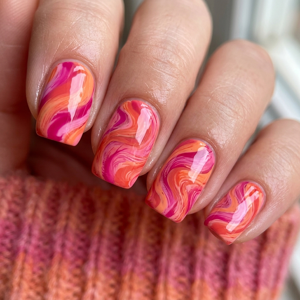 30 Pink and Orange Nails Ideas 12 Swirl Pattern Pink and Orange Nails Ideas