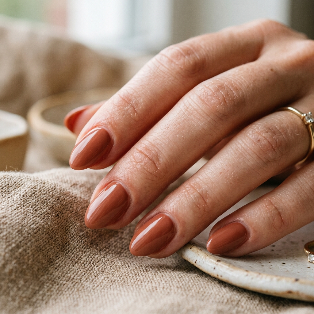 Short Almond Nails Ideas: 30 Elegant Ways to Style a Practical Shape 26 Terracotta Short Almond Nail Idea