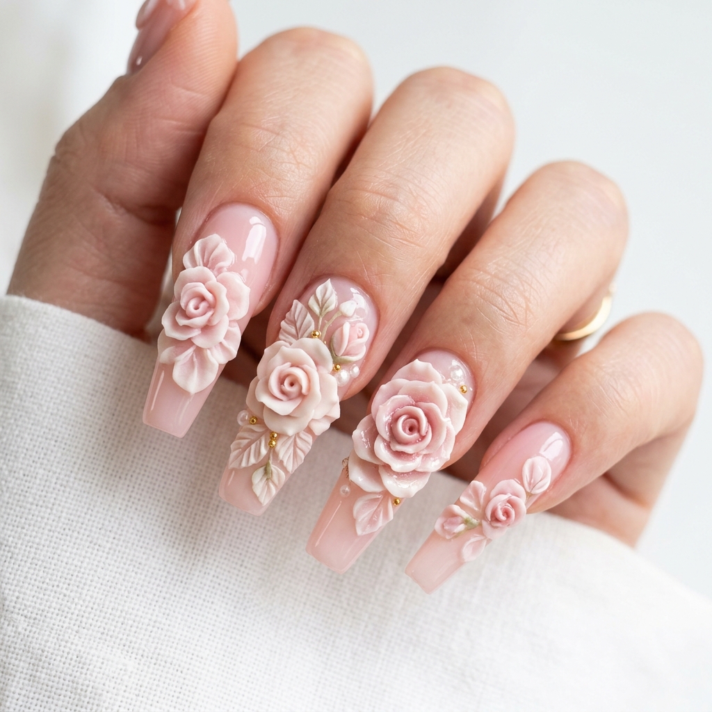 Flower Nails: 30 Stunning Floral Ideas to Inspire Your Next Manicure 10 Three Dimensional Flower Nail Ideas