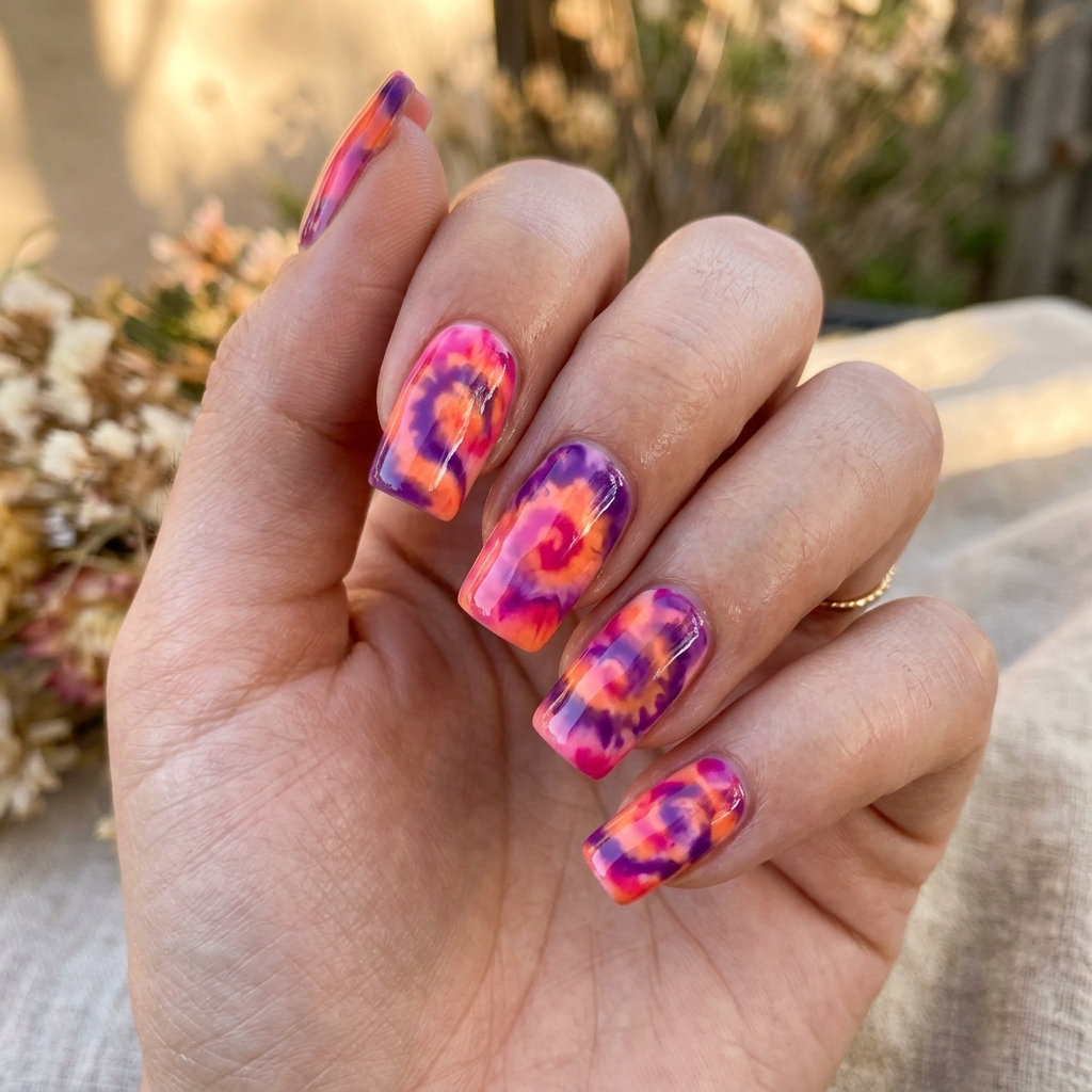 30 Spring Break Nails Ideas to Inspire Your Next Manicure 12 Tie Dye Sunset Nail Idea