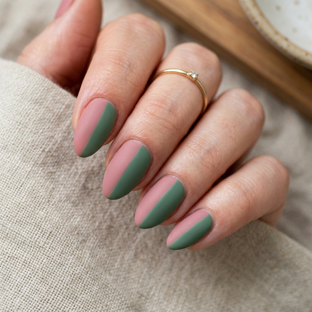 Short Almond Nails Ideas: 30 Elegant Ways to Style a Practical Shape 11 Two-Tone Short Almond Nails Idea
