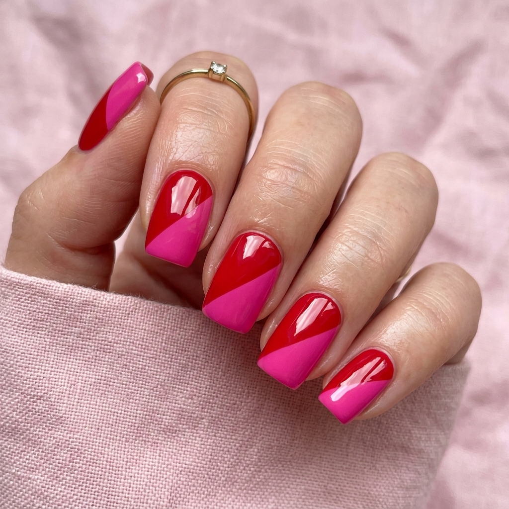 30 Valentines Nails Ideas to Fall in Love With 24 Two-Tone Red and Pink Nail Ideas