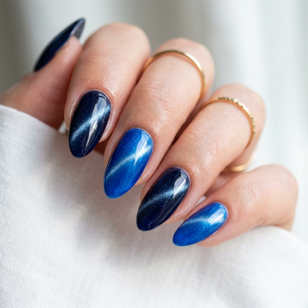 Two Tone Blue Cat Eye Nails Idea