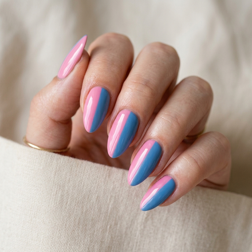 Two Tone Almond Pink and Blue Nails Idea