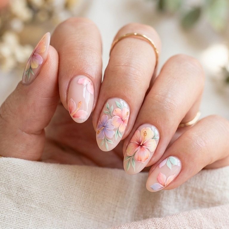 Watercolor Hibiscus Nail Art Ideas