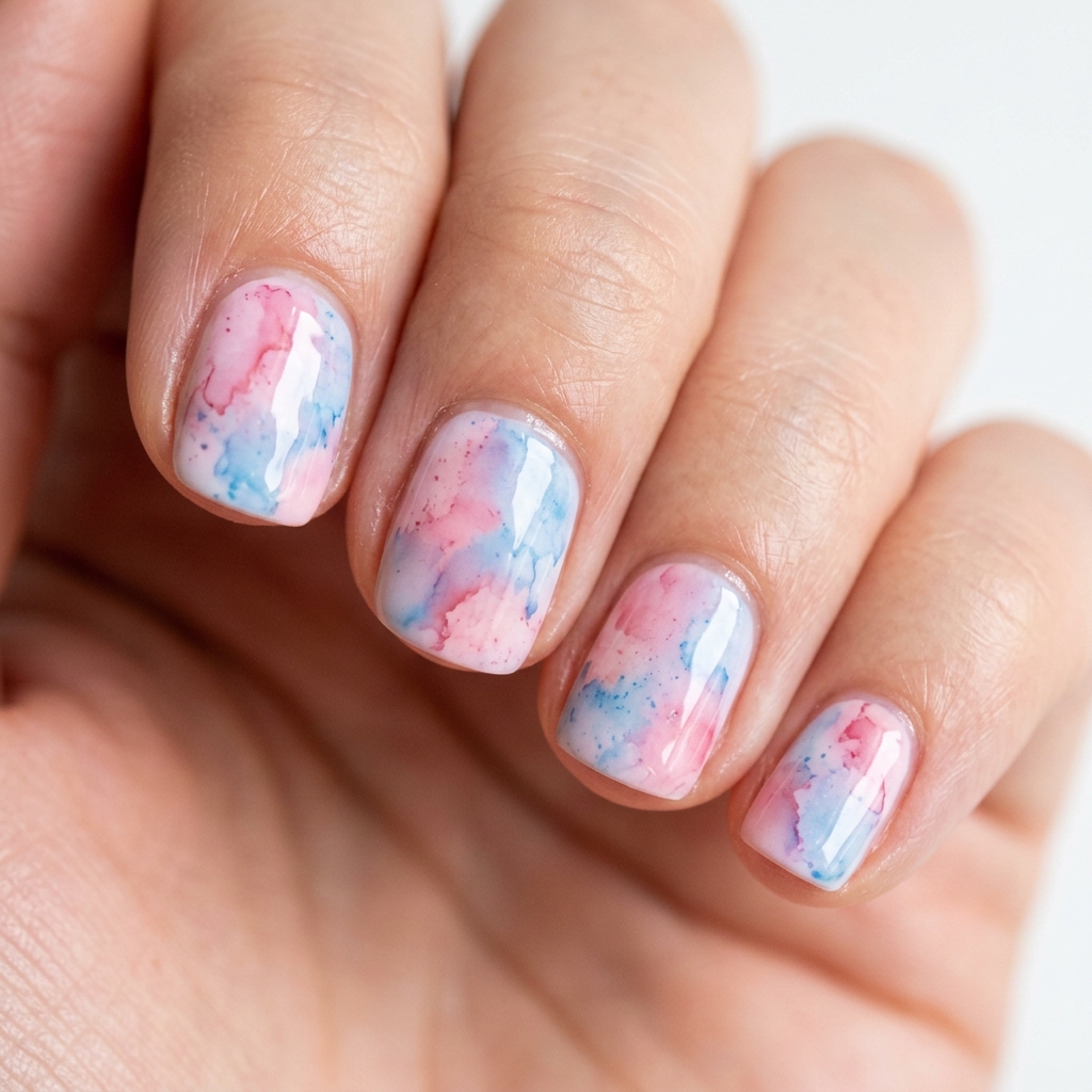 Watercolor Pink and Blue Nails Idea