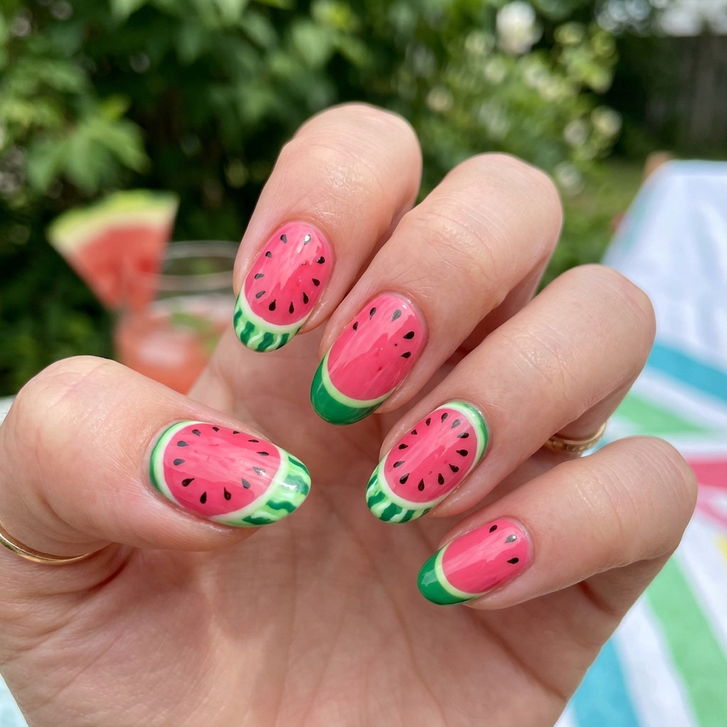 Watermelon Themed 4th of July Nails