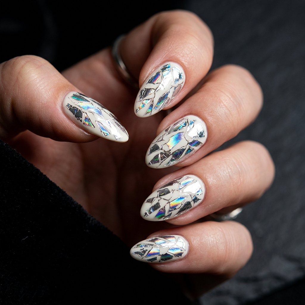 White Almond Nails Ideas: 30 Creative Looks to Inspire Your Next Manicure 25 Cracked Glass White Almond Nail