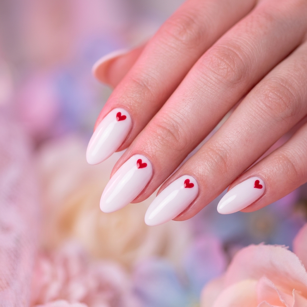 White Almond Nails Ideas: 30 Creative Looks to Inspire Your Next Manicure 26 White Almond Nail with Heart Accents