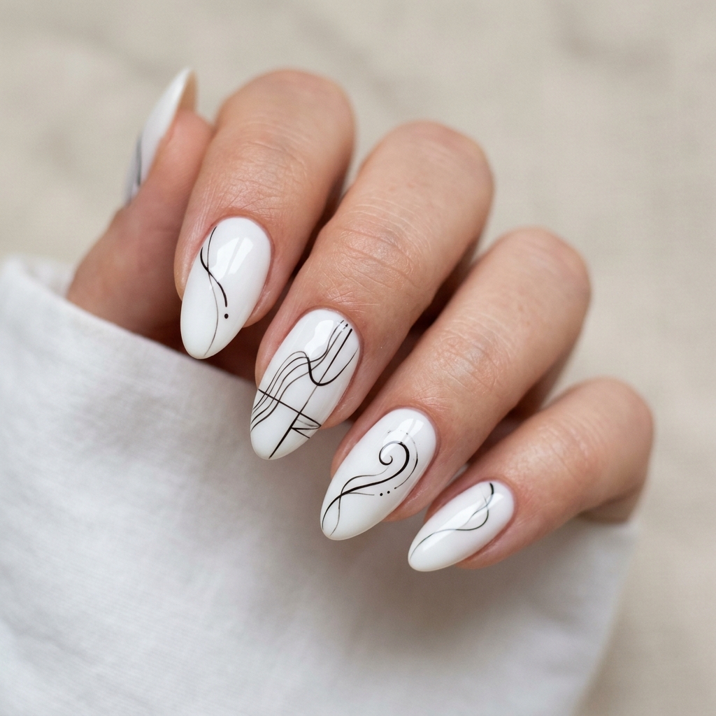 White Almond Nails Ideas: 30 Creative Looks to Inspire Your Next Manicure 16 White Almond Nail with Line Art