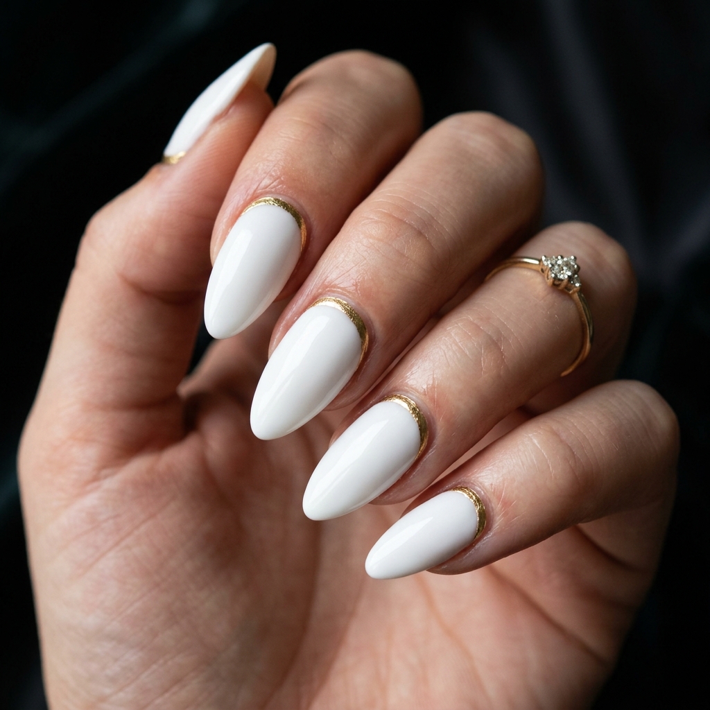 White Almond Nails Ideas: 30 Creative Looks to Inspire Your Next Manicure 30 White Almond Nails with Metallic Cuff