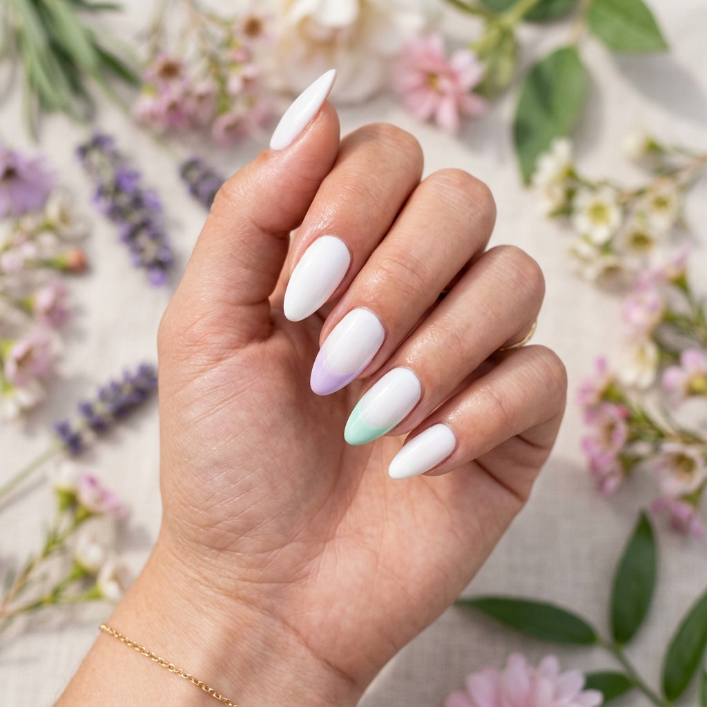 White Almond Nails Ideas: 30 Creative Looks to Inspire Your Next Manicure 18 White Almond Nails with Pastel Accents