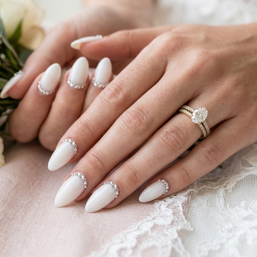 White Almond Nails Ideas: 30 Creative Looks to Inspire Your Next Manicure 12 White Almond Nails with Rhinestones