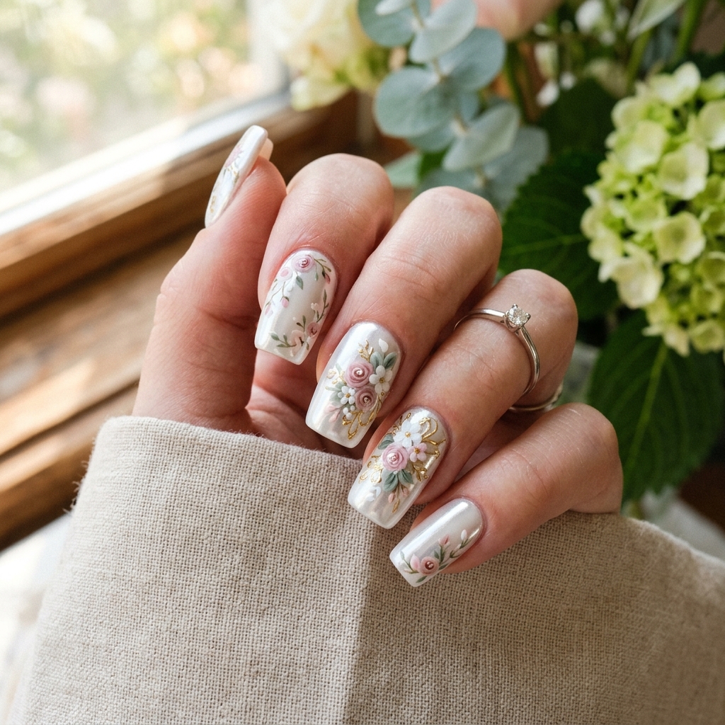 White Chrome Nails Ideas 29 Floral White Chrome Nails Idea