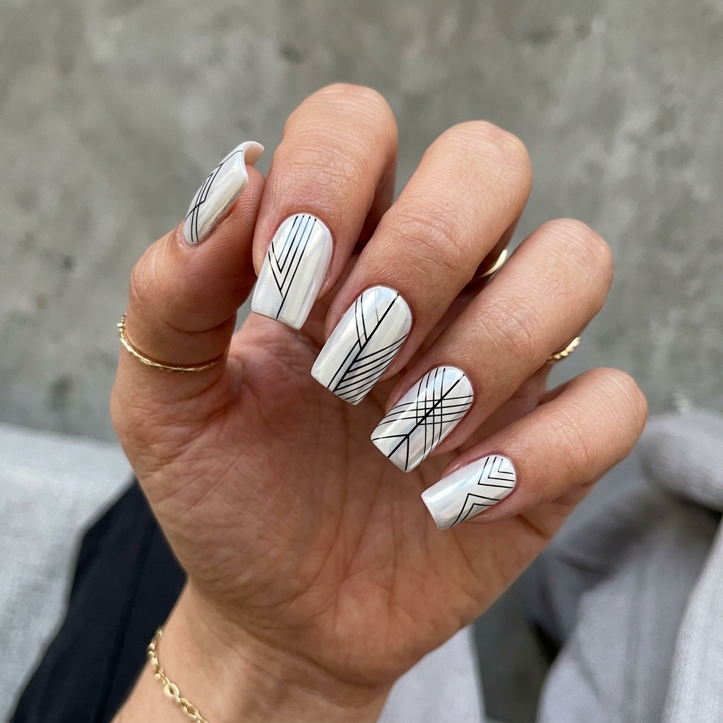 White Chrome Nails Ideas 23 Line Art White Chrome Nails Idea