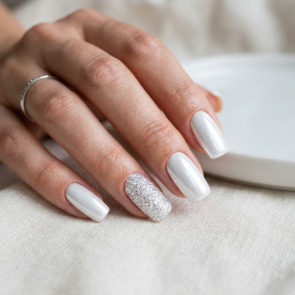 White Chrome Nails Ideas 11 White Chrome Glitter Accent Ideas
