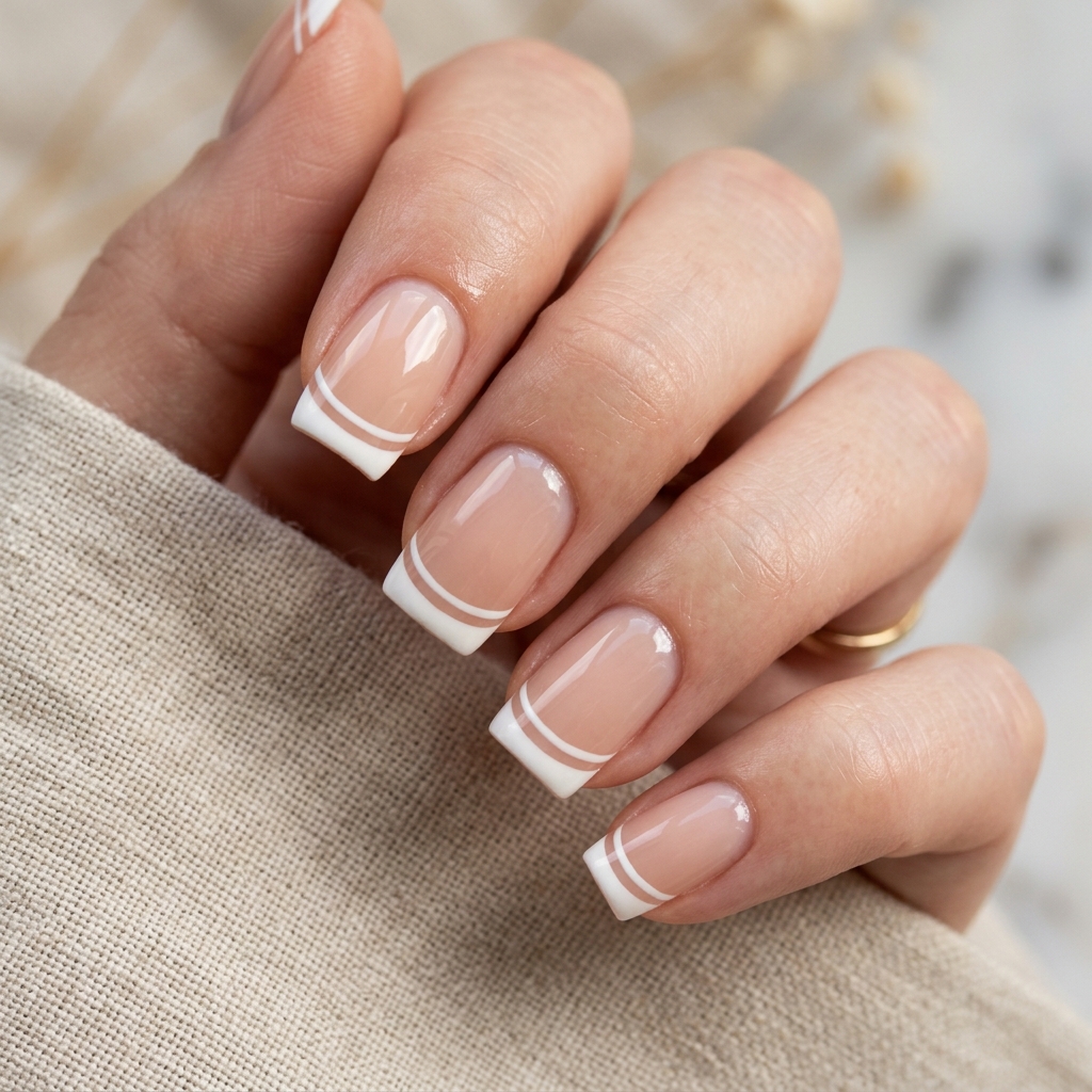 Double Line White French Tip Nails Idea