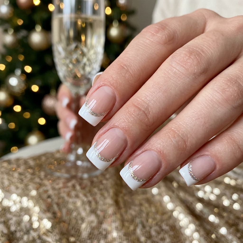 Glitter-Edged White French Tip Style Nails