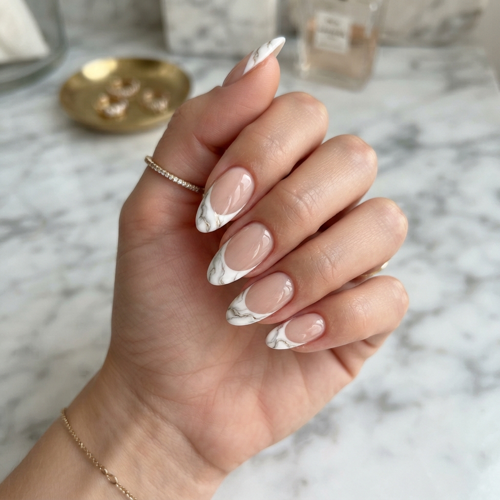 Marble White French Tip Nails Idea
