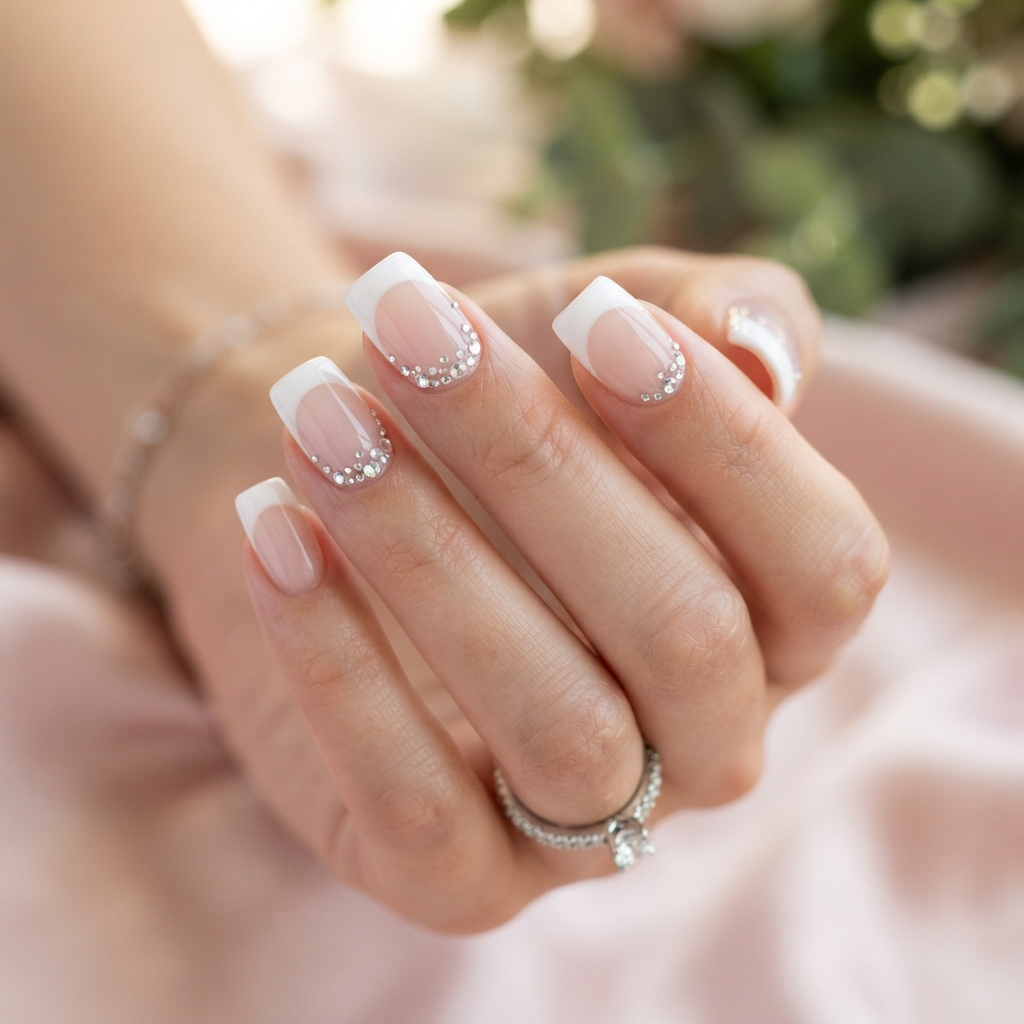 Rhinestone White French Tip Nails Idea