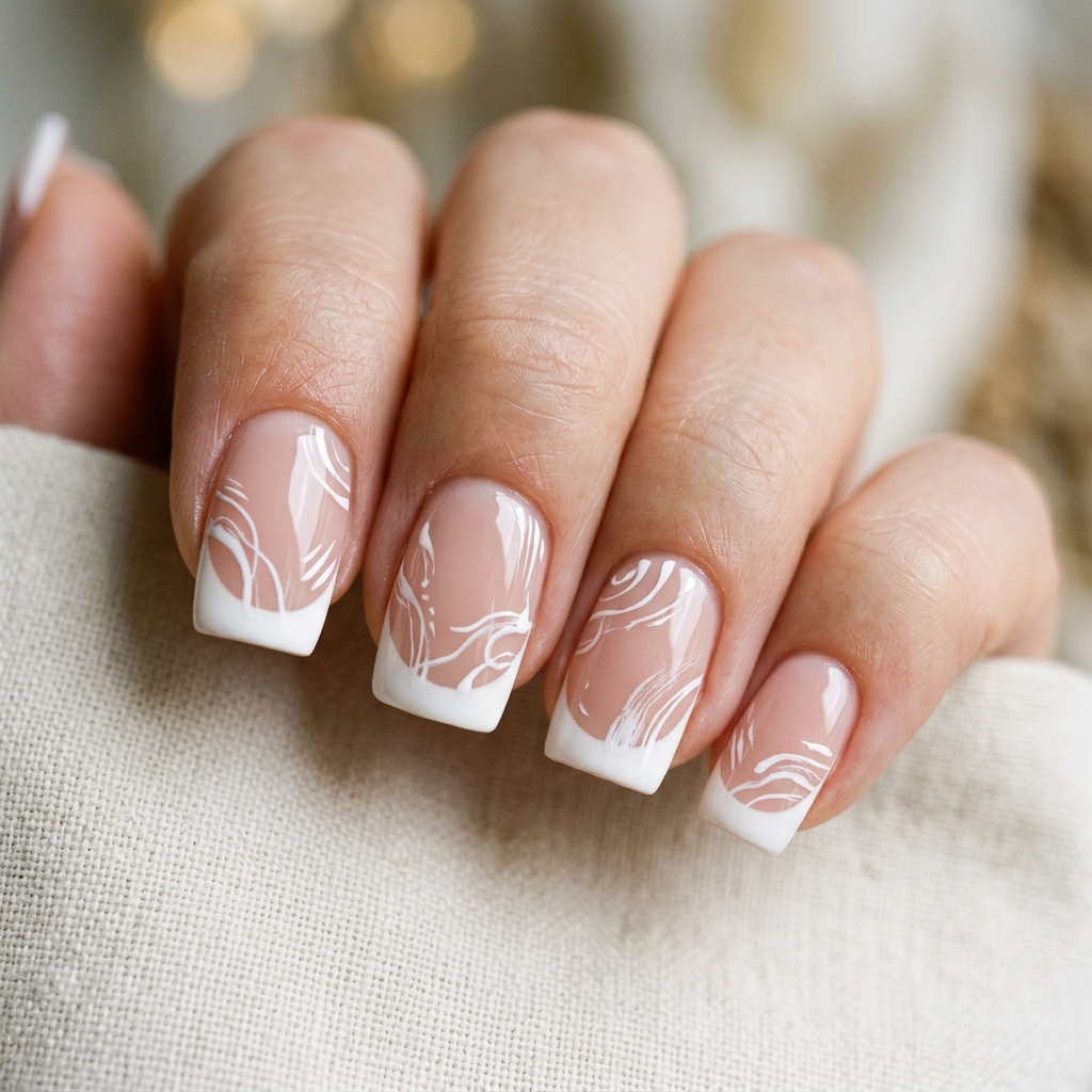 Abstract Line White French Tip Style Nails Idea