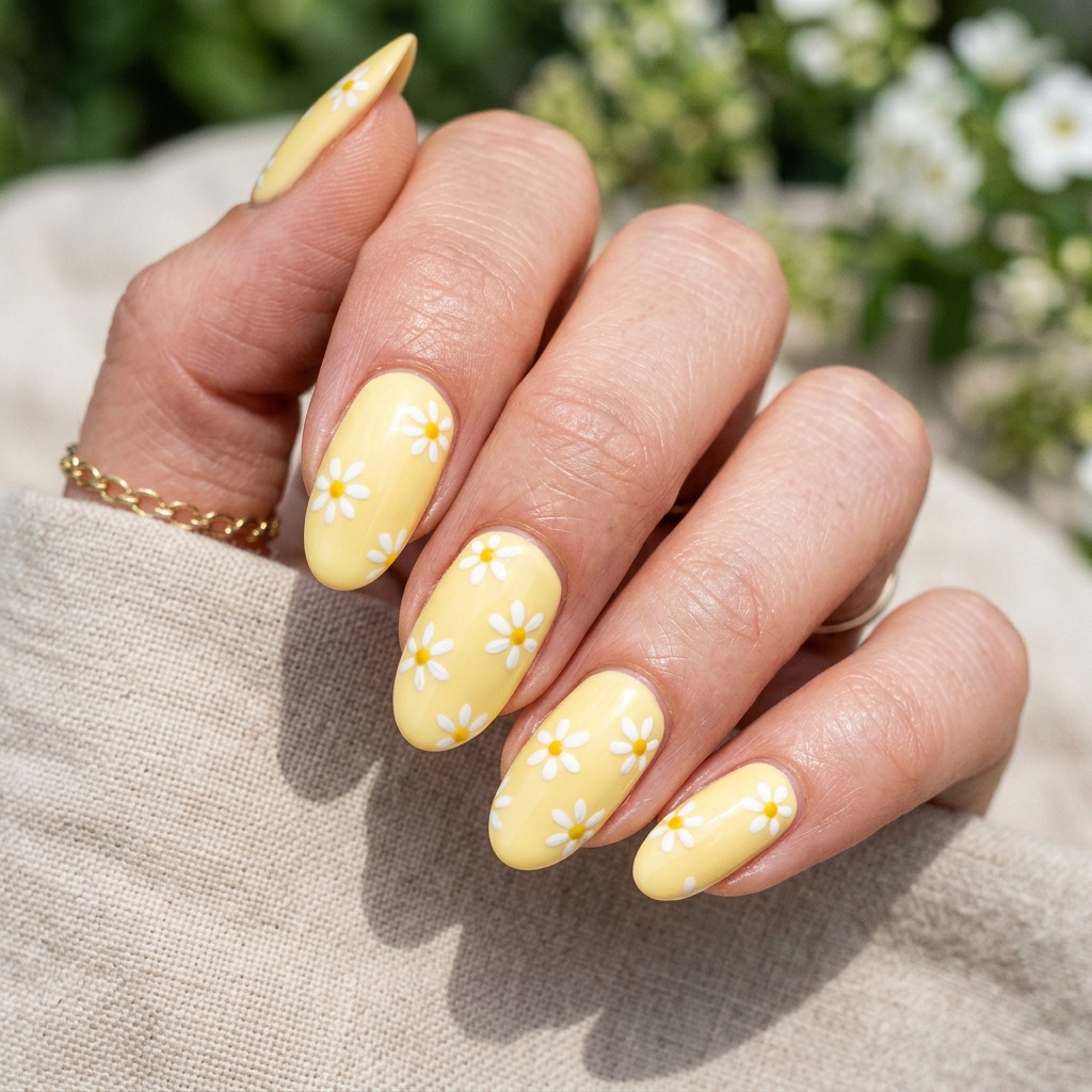 30 Pastel Nails Ideas 9 Pastel Yellow Daisy Nails Idea