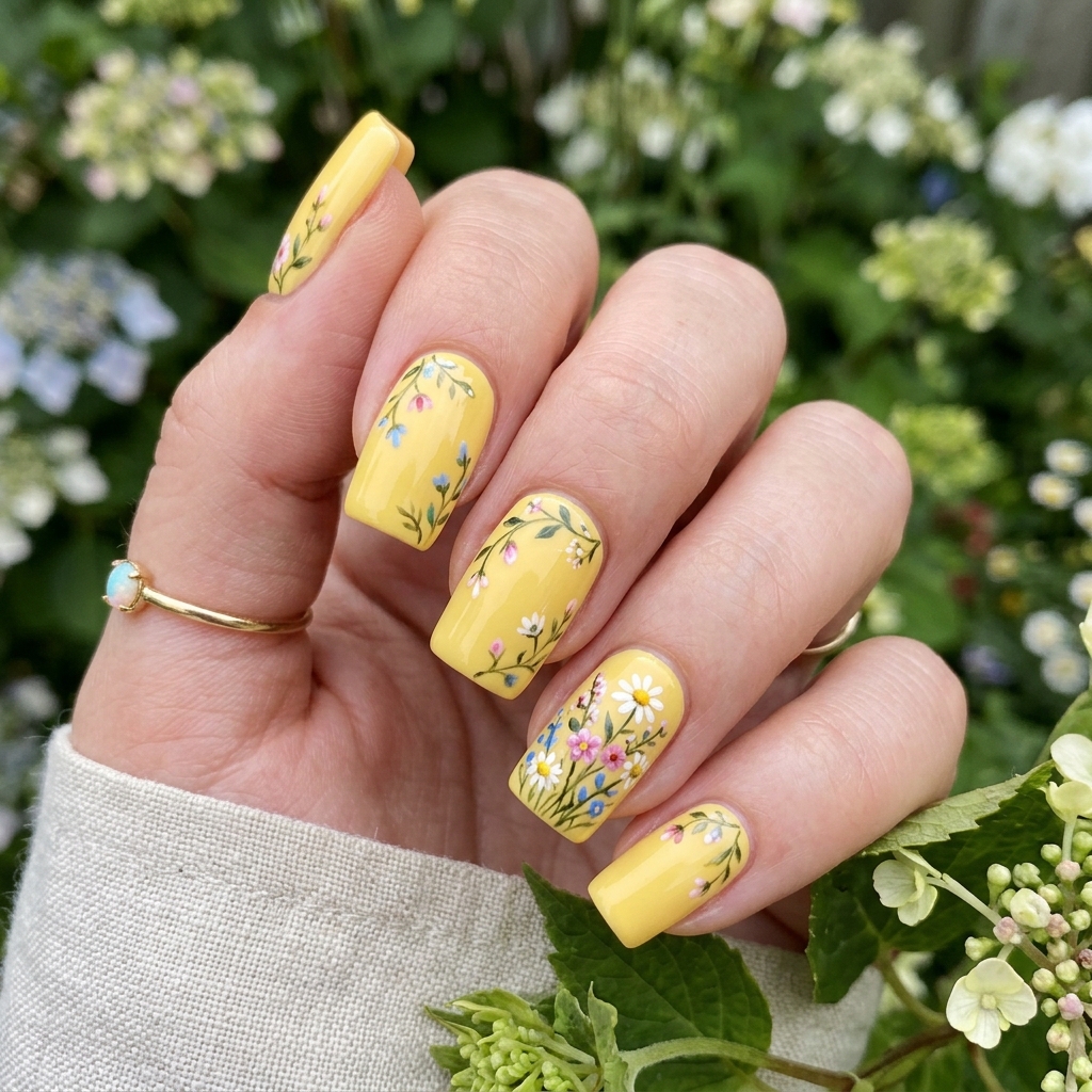 Yellow Floral Nails Idea