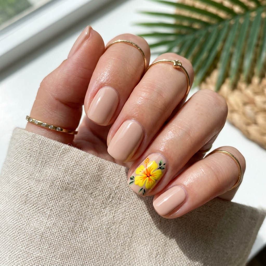 Yellow Accent hibiscus flower nails Ideas