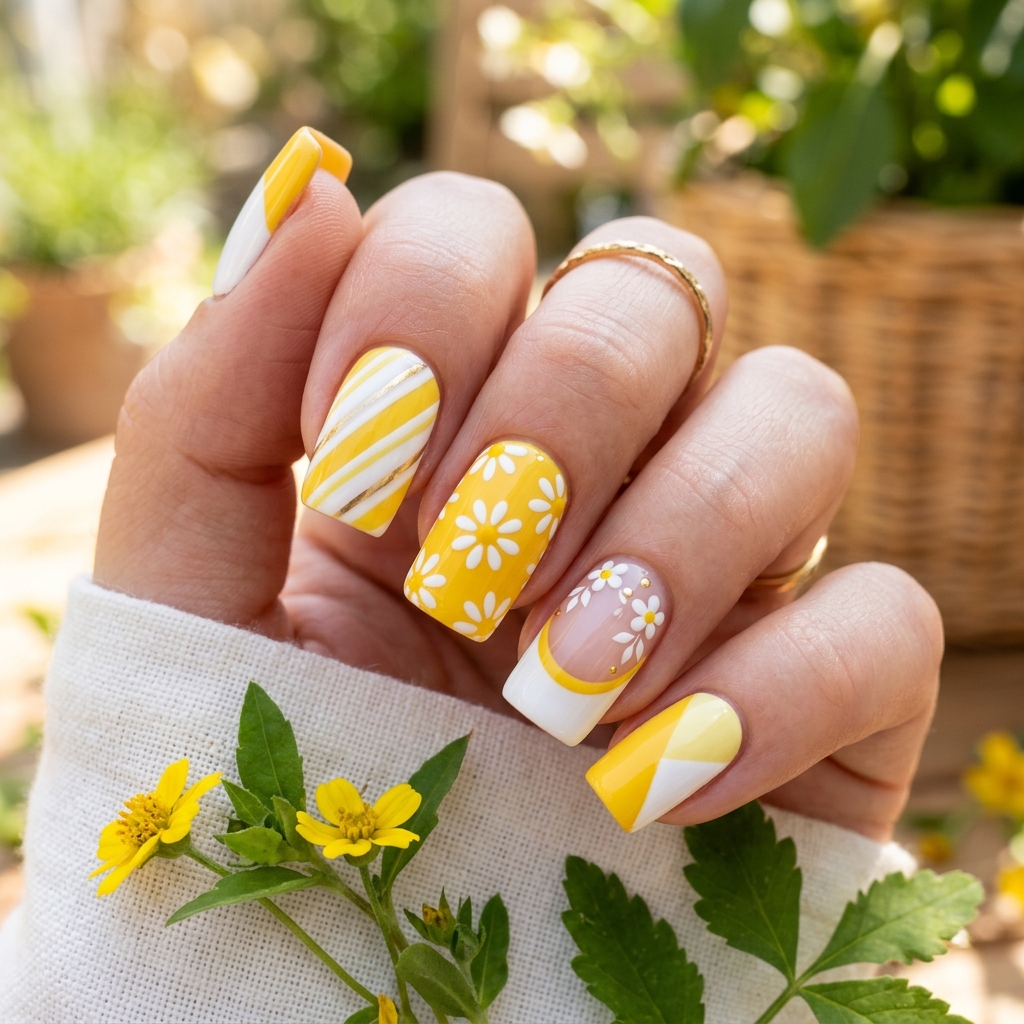 Yellow and White Nails Idea