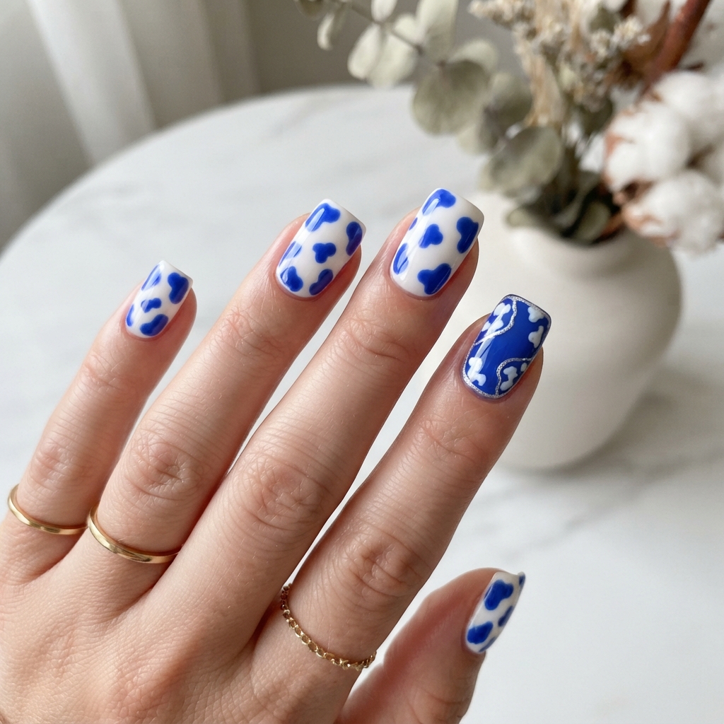 Royal Blue Cow Print Nails Ideas
