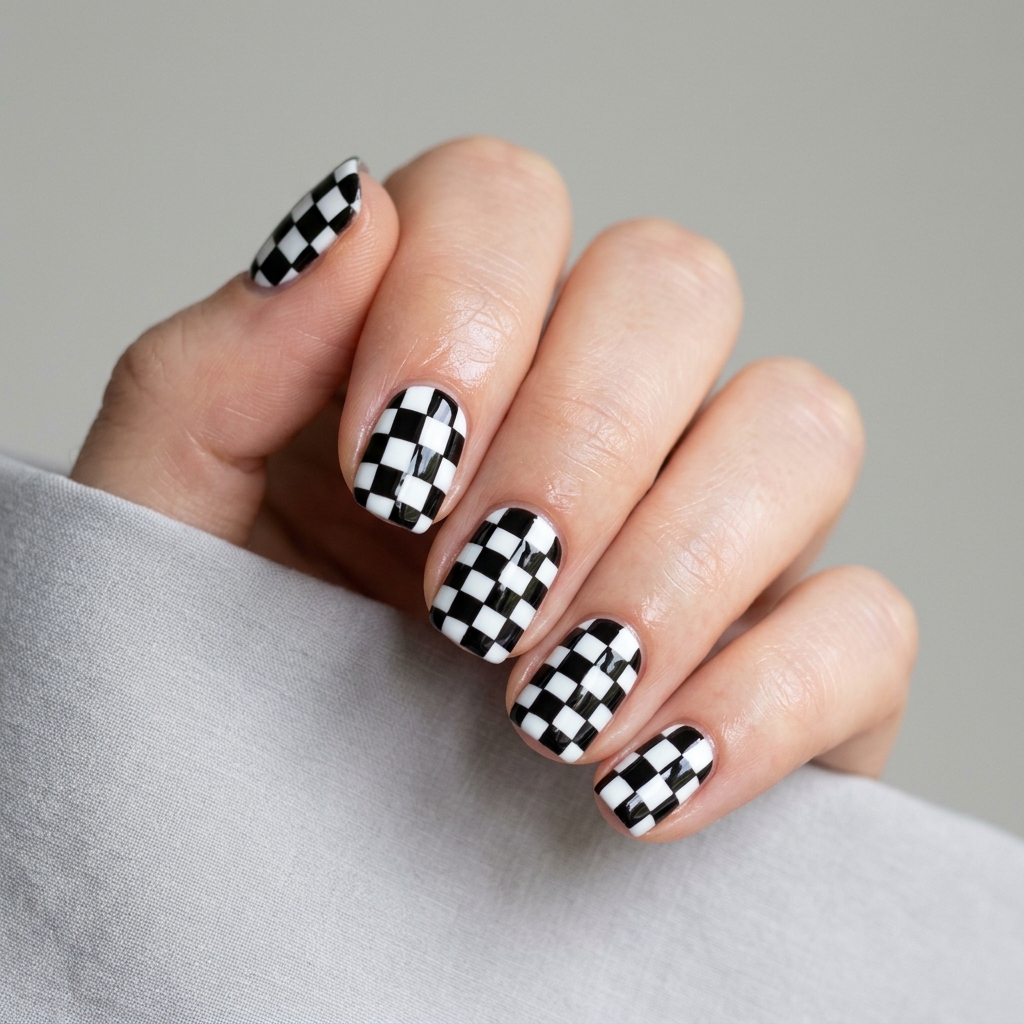30 Short Natural Nails Ideas to Inspire Your Next Manicure 23 Checkerboard Pattern Nail Idea