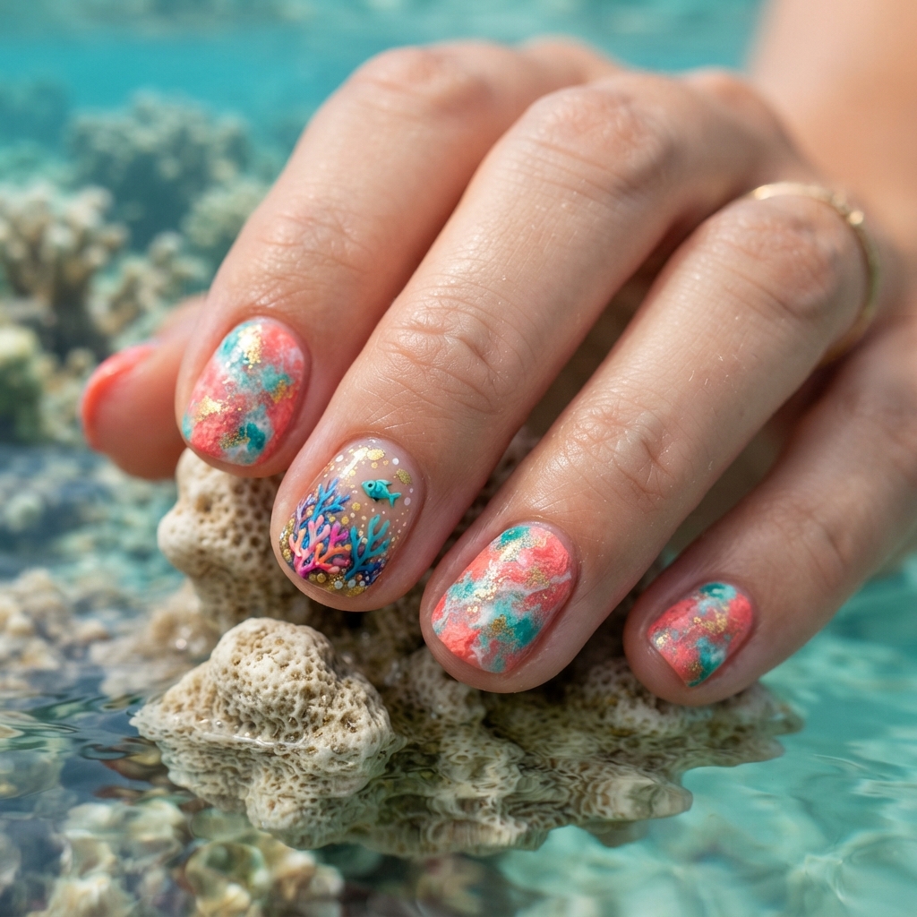 30 Short Summer Nails Ideas That Will Make You Fall in Love With Your Hands Again 18 Coral Reef Nail Ideas