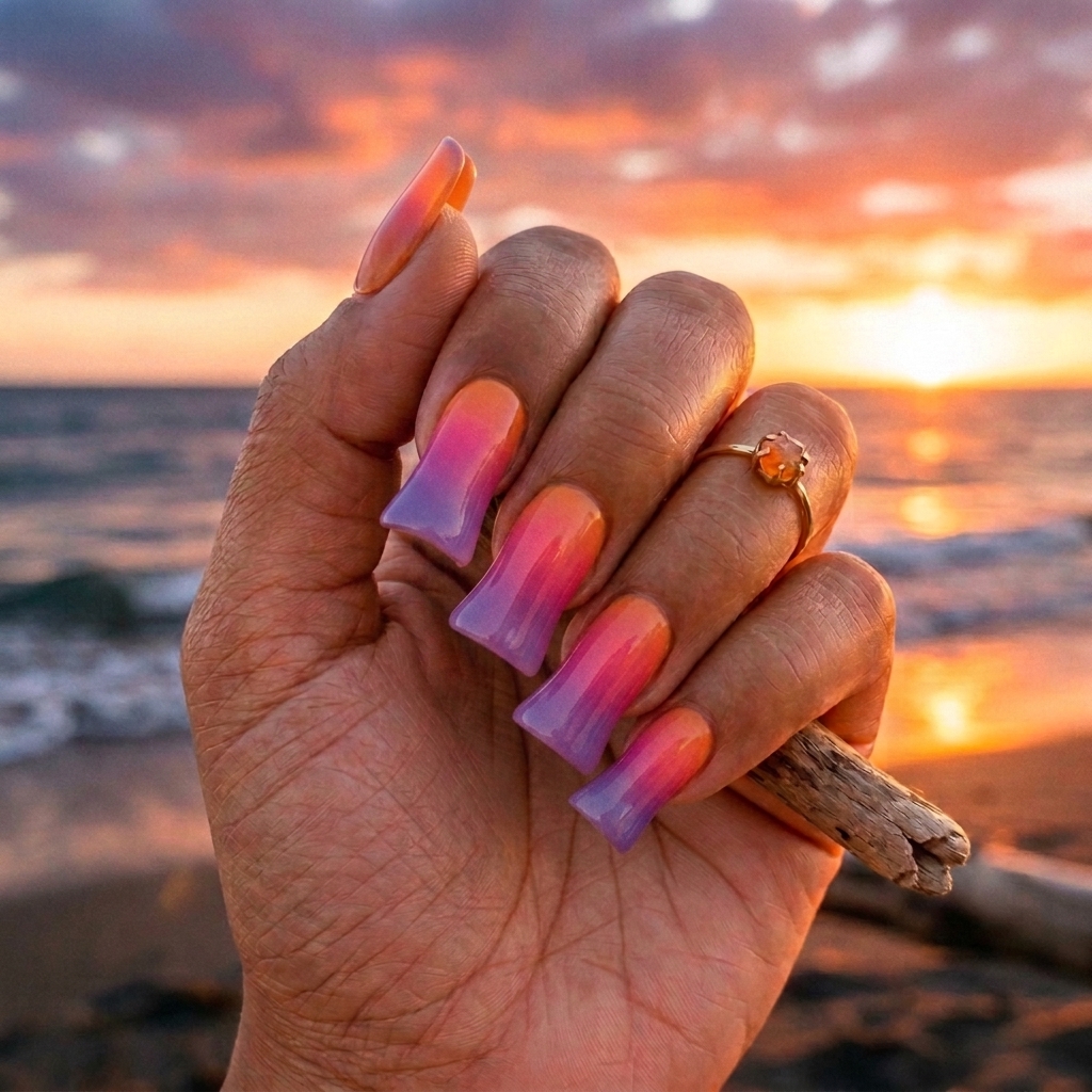 Gradient Sunset Short Duck Nail Idea
