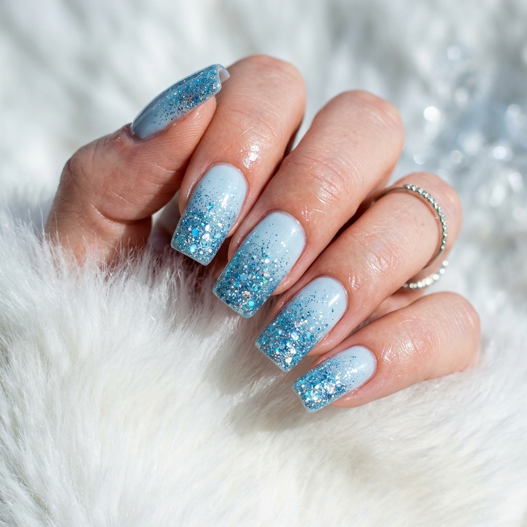 Frosty Blue Glitter Fade Nails Idea