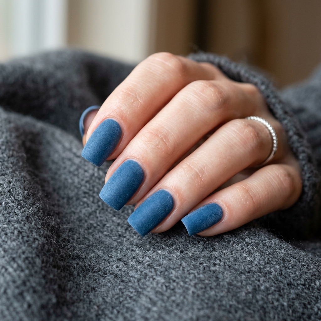 Frosty Blue Velvet Matte Nails Idea