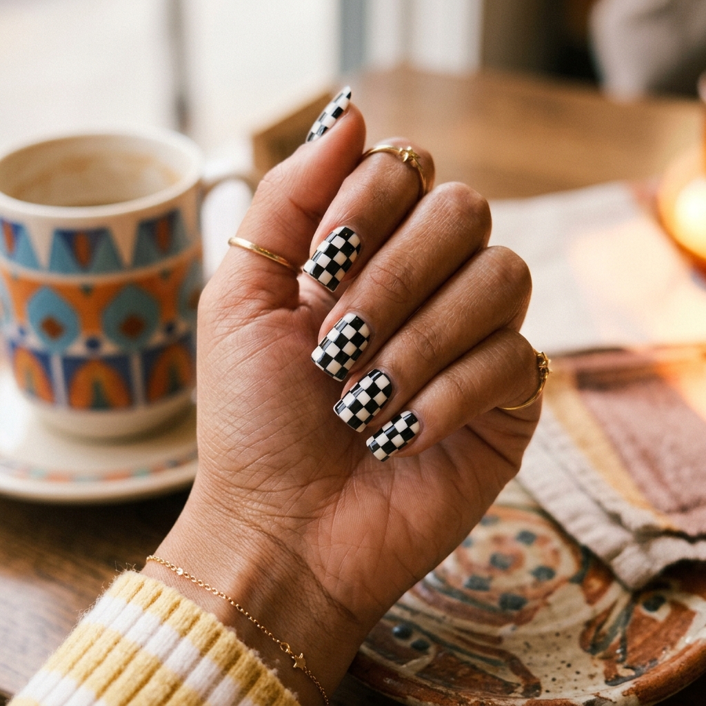 Checkerboard Short Duck Nail Idea

