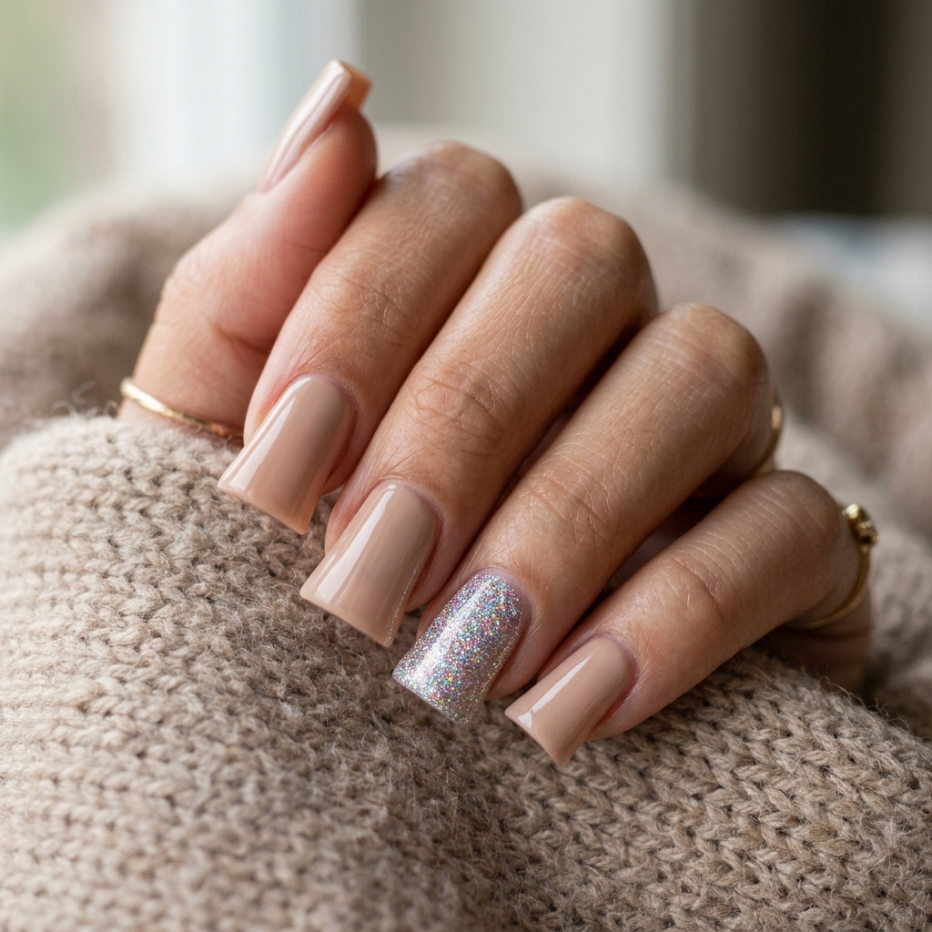 Glitter Accent Short Duck Nails Idea
