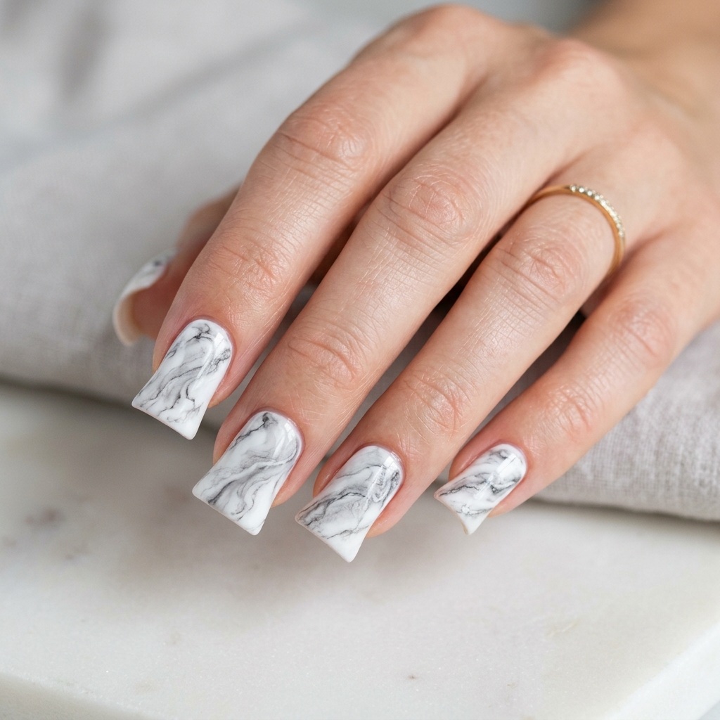 Marble Effect Short Duck Nail Idea
