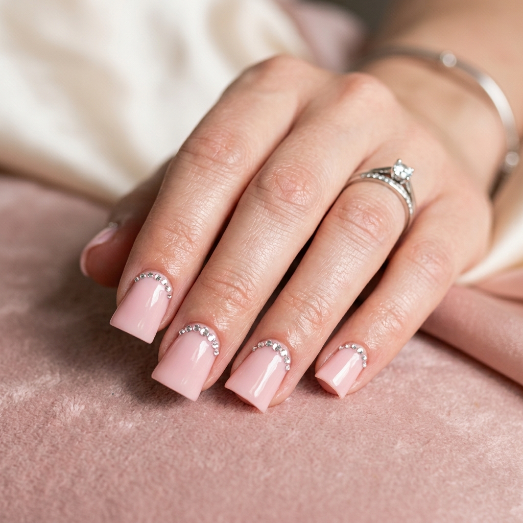 Rhinestone Embellished Short Duck Nails Idea
