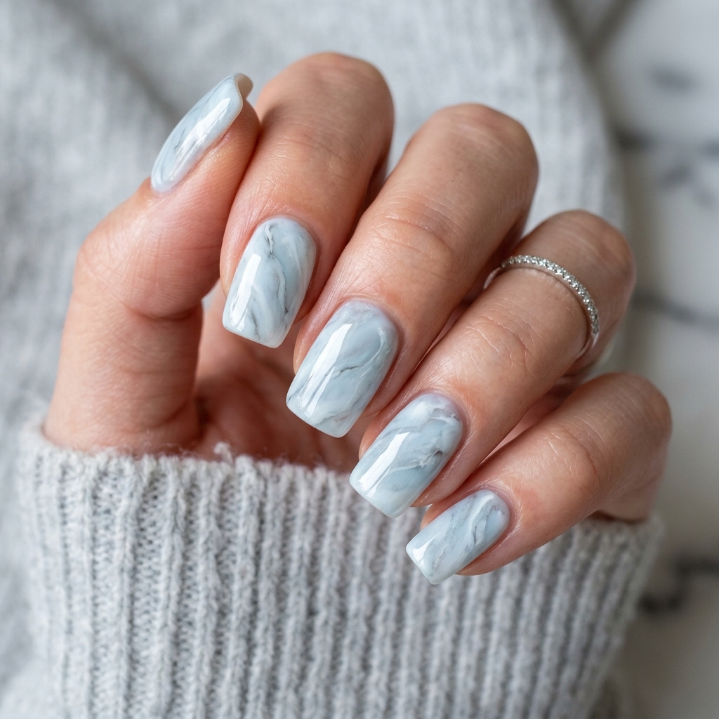 Ice Blue Marble Nails Idea