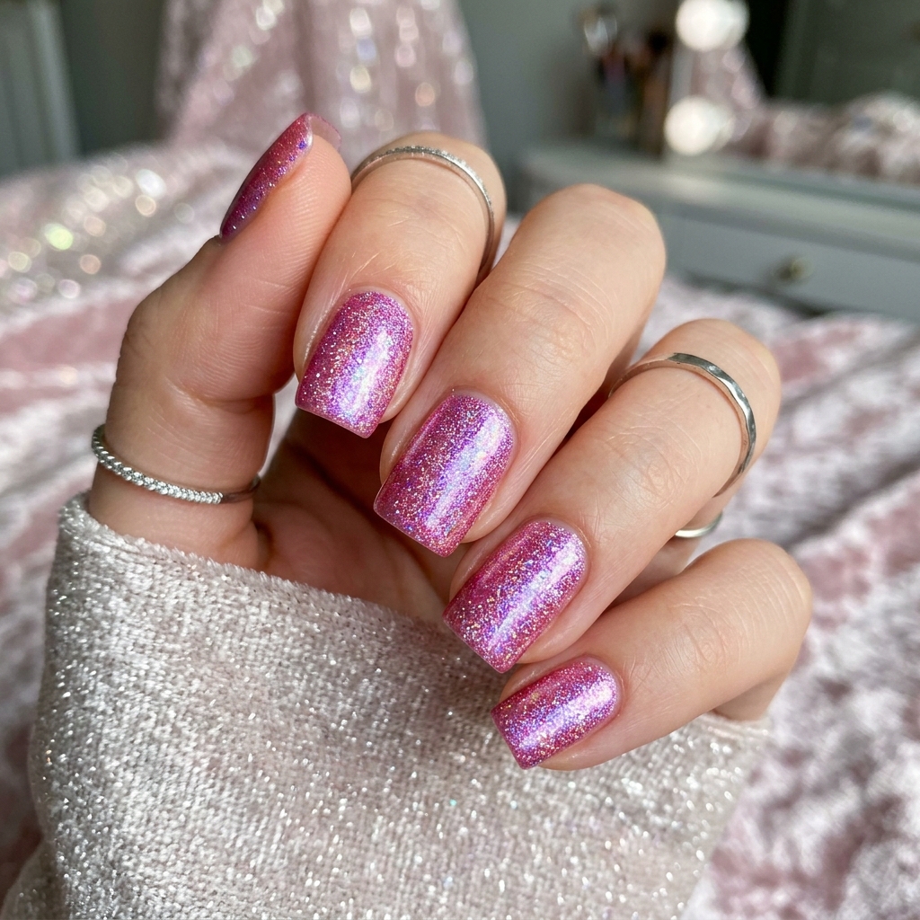 Iridescent Pink Glitter Nails Idea